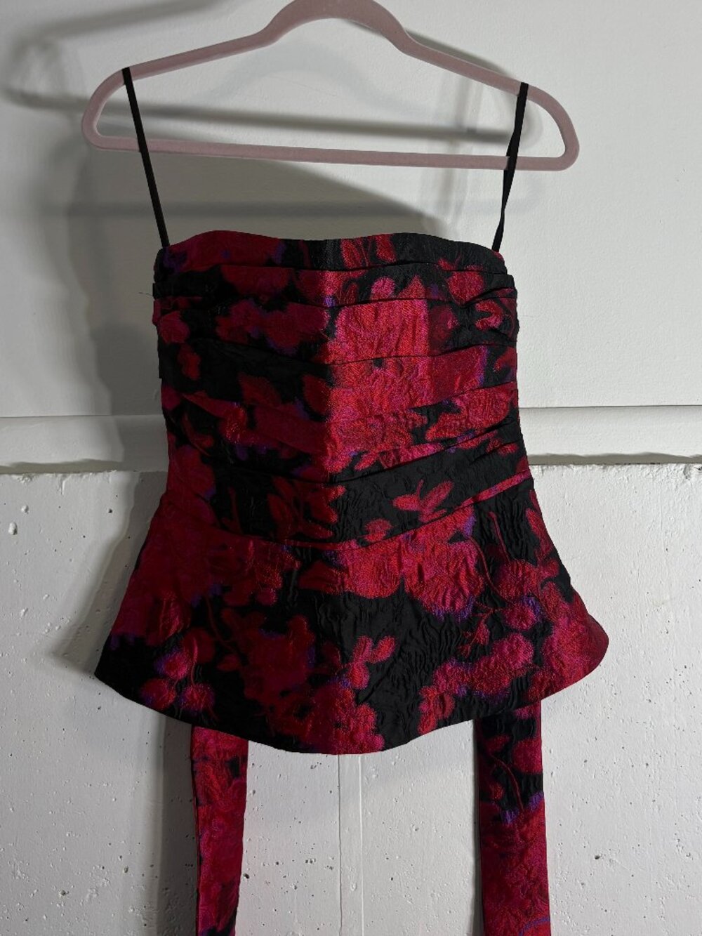 White House Black Market Red Floral Jacquard Bustier with Peplum